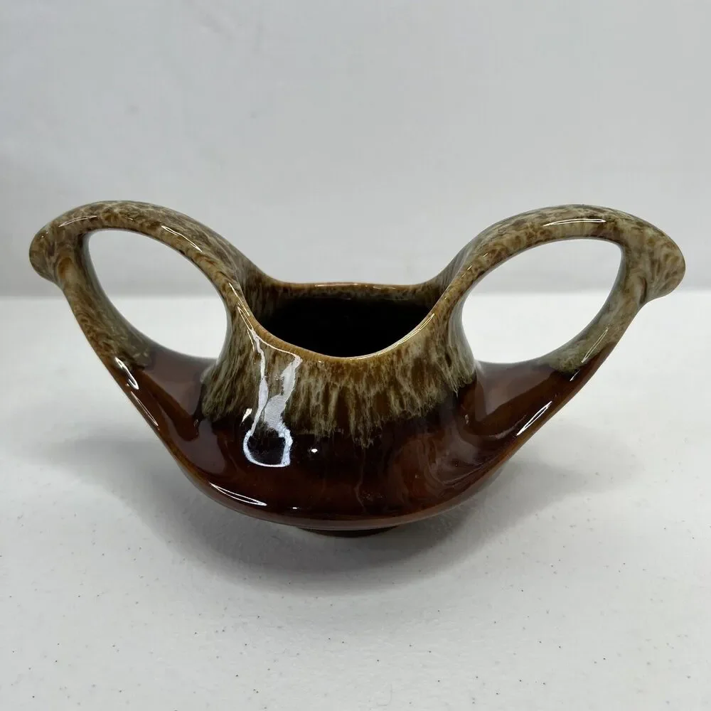 Vintage MCM Art Pottery Brown Drip Glaze Sugar‎ Dish Marked 70 Mid Century
